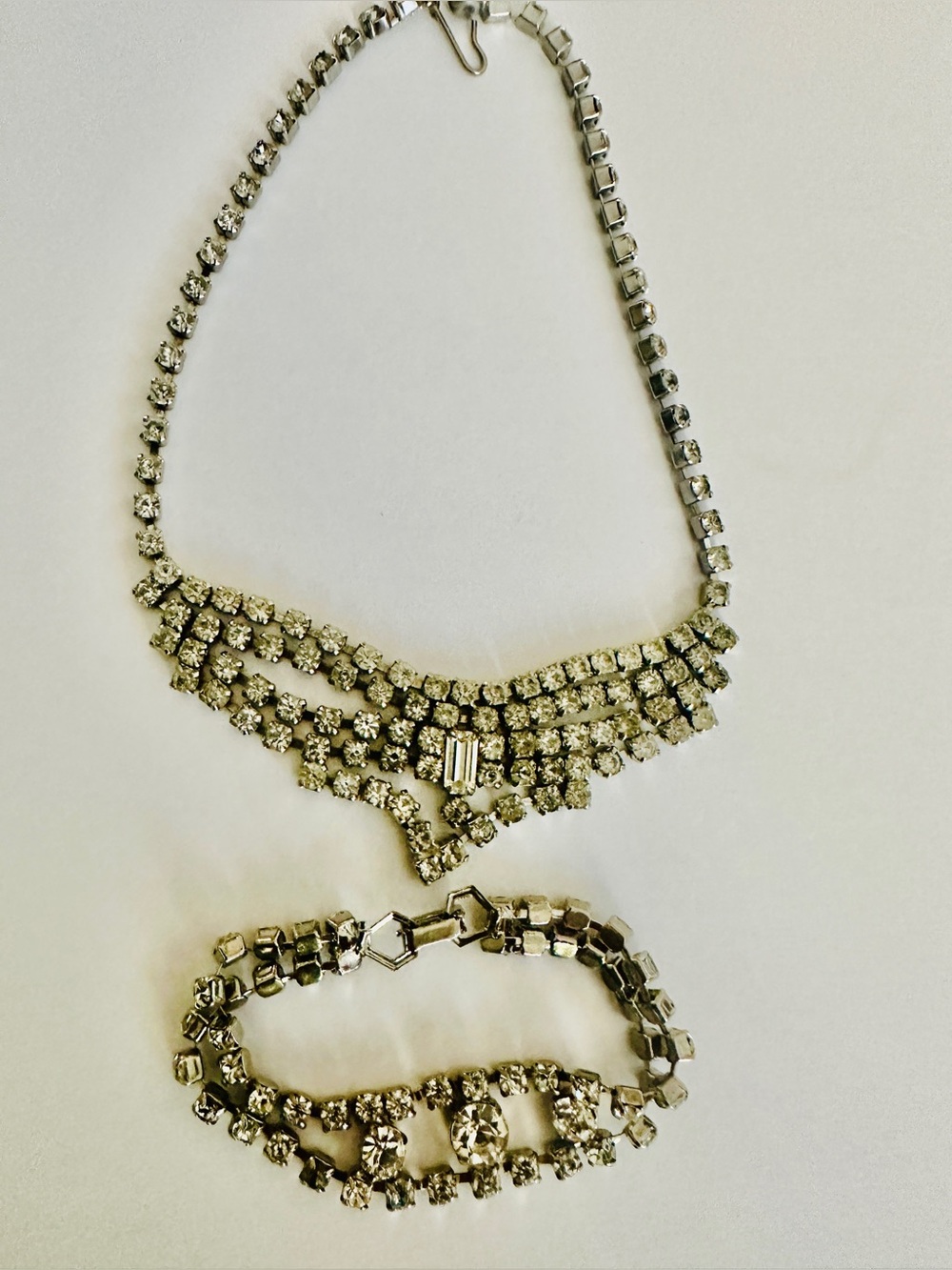Necklace Bracelet Set Vintage Rhinestone Statement in Silver Tone